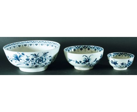 THREE WORCESTER BLUE AND WHITE BOWLS, circa 1770, blue painted in the Peony pattern with variations to border '31', open cres