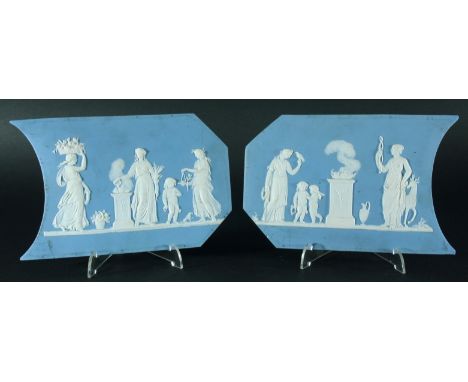 PAIR OF WEDGWOOD BLUE JASPER FIRE SURROUND PLAQUES, mid 19th century, with cameos of maidens around braziers, impressed marks