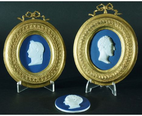 DUKE OF WELLINGTON and NAPOLEON, two dipped blue jasper portrait medallions, Wellington modelled by John Henning impressed ma