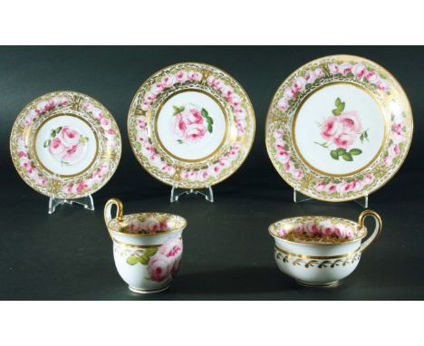 COALPORT ETRUSCAN SHAPED WARES, circa 1820, painted with pink roses on a scrolling gilt ground, comprising a tea and coffee c