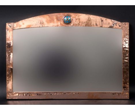 COPPER ARTS & CRAFTS MIRROR a copper mirror inset with an enamel roundel and simulated rivets. With a bevelled glass plate an