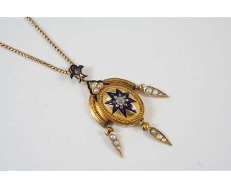 A VICTORIAN GOLD, DIAMOND AND PEARL SET PENDANT the oval-shaped domed gold pendant centred with a star motif set with an old 