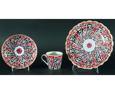 WORCESTER TRIO, Barr period, circa 1800, in the Queen Charlotte pattern, comprising coffee cup, saucer and plate, incised B; 