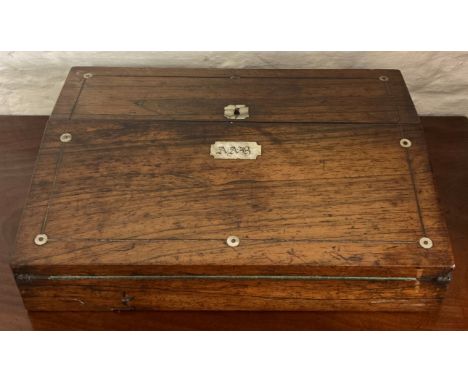 Victorian rosewood writing slope inlaid with mother of pearl 25cm by 35cm