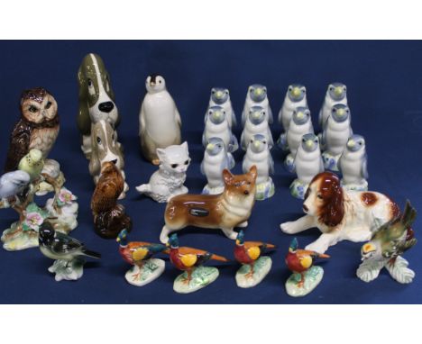 4 small Beswick pheasants, quantity of Wade penguin spirit flasks and various animal figurines including Coopercraft, Sylvac,