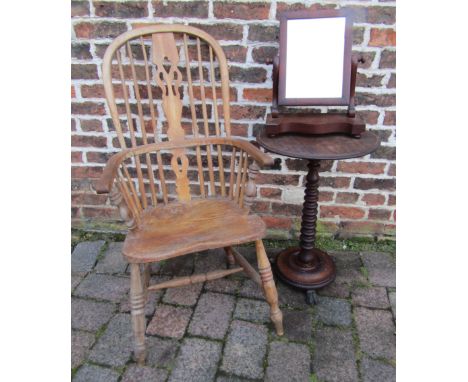 High back Windsor chair, mahogany occasional table with bobbin turned stem and lions claw feet (loose at base) and a toilet m