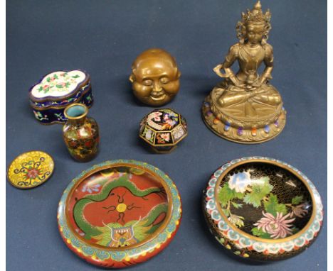 Japanese brass sculpture of Buddha head with four faces, resin Tibetan Buddhist figure &amp; selection of cloisonn&eacute; / 