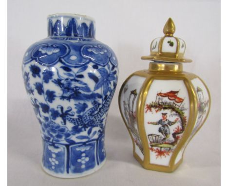 Blue and white Chinese vase with possible Kangxi mark approx. 14cm (af) and small hexagonal Meissen style porcelain vase with