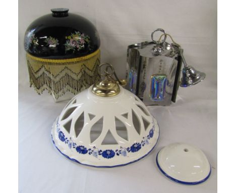 Blue and white ceramic fret cut ceiling light with ceiling cover, metal and iridescent glass ceiling light and black outer wh