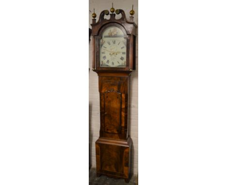 William IV longcase clock by William Ripley of Louth with 8 day movement painted dial depicting a battle ship scene in a mixe