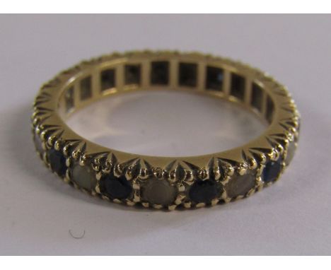 9ct gold sapphire and seed pearl eternity ring - ring size L - total weight 2.96g - with box