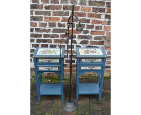 2 painted bedside cabinets &amp; a brass standard lamp (missing shade)