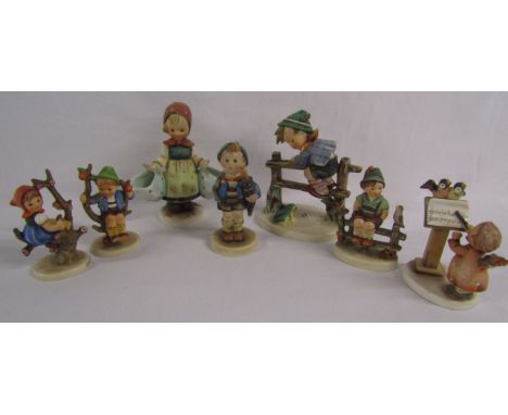 Goebel Hummel figures includes Apple Tree girl and boy 145 &amp; 141, home from market 198, bird duet 169, retreat to safety 