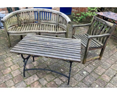 Wooden garden bench, chair &amp; a table on a metal base
