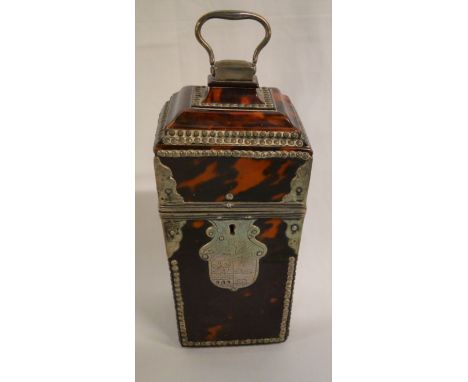 Continental tortoiseshell tea caddy (possibly originally a necessaire) with white metal embellishments and a heraldic escutch