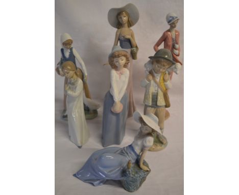 7 Nao figures, including lady with cat, boy with lamb, lady with basket, girl with goose, etc, some with damage/repair