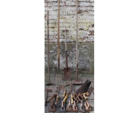 Selection of gardening tools, saws &amp; flat irons etc.