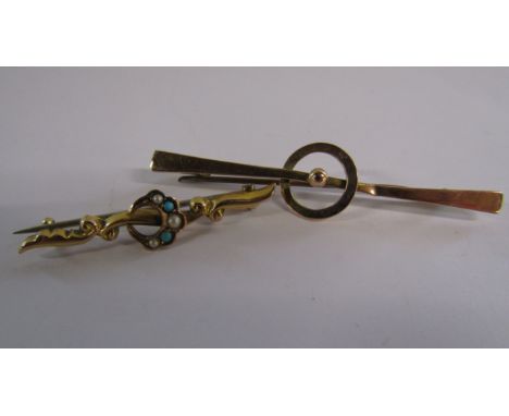 9ct gold bar brooch with ball inside a circle and 9ct brooch with turquoise and seed pearl - total weight 2.96g&nbsp;