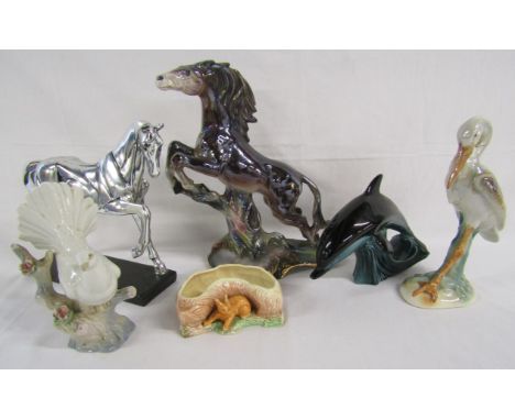 Italian Lustre Horse, modern plastic silvered horse, Porceval dove, Sylvac vase, Large Poole Dolphin and Campsie Ware Scotlan