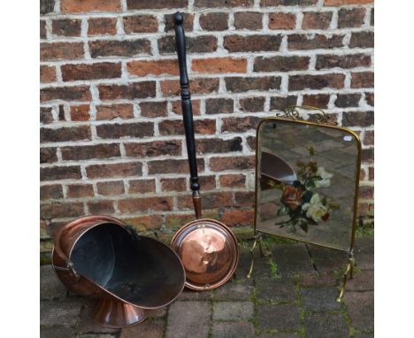 Copper coal scuttle, copper bed warming pan and Art Nouveau brass and mirror fronted fire screen