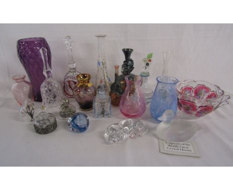 Selection of glassware includes small&nbsp;Caithness crystal vases, scent bottles, paperweight, bells, Danbury Mint Goebel Cr