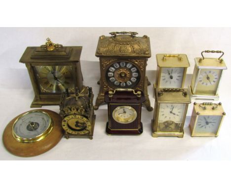 8 clocks including brass Smiths electric clock, London Clock Co Westminster and Whittington Chime, Schatz 8 day clock, etc an