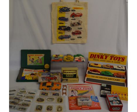 Dinky cars and accessories, including Dinky Builder, Dinky canvas tote bag, Dinky Toys 3 step display stand, Your First Model