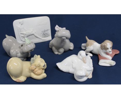 5 Nao figurines (1 without box) - My Little Queen, Puppy's Christmas, 2 hippos (1 with damaged flower) &amp; Lladro Collector