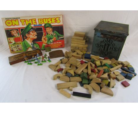 Vintage games includes Denys Fisher 'On the Buses' wooden building blocks, Britains cowboys and figures, folding cribbage boa