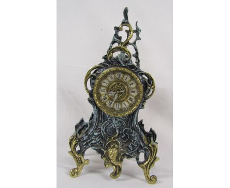Ornate brass and green mantel clock - battery operated - approx. 34cm tall