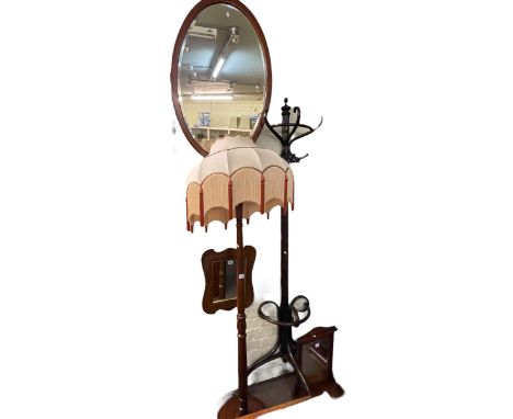 Bentwood flat back hat and coat stand, turned column standard lamp and shade, mirror-wall shelf and two framed wall mirrors (