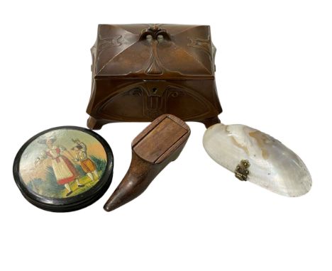 Treen shoe snuff box, papier mache box, shell purse and a casket (4).