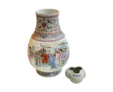 Chinese famille rose vase with multi figure decoration, gilt and red seal mark, 30cm, and small lobed vase (2).
