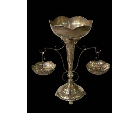 Chester hallmarked silver epergne with elevated bowl and hanging baskets, dated 1915, 32cm.