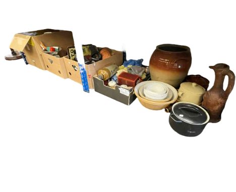 Large kitchen crock, mixing bowls, stone bottle, storage jars, cutlery, kitchenalia, etc.