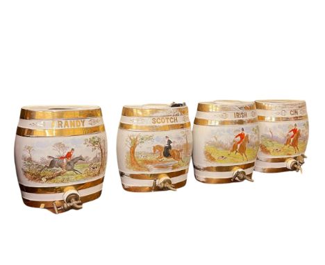 Four pottery spirit hunting scene barrels and four prints.