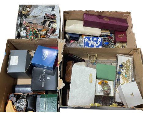 Four boxes with jewellery and watches including late 18th Century silver pair cased pocket watch with fusee movement and hunt