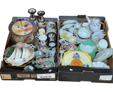 Two boxes of mostly decorative china including Clarice Cliff crocus plate and Noritake cakestand.