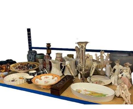 Silver plate four branch epergne, figurines, costume jewellery, glass candlesticks, etc.