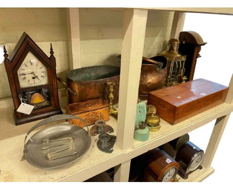 Box of pattern making curves, brass lantern, copper coal hood, Art Nouveau style box and handled bowl, mantel clock, etc.