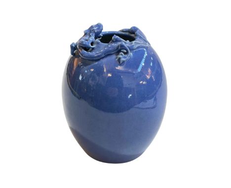 Chinese powder blue vase with applied dragon rim, seal mark to base, 17cm.