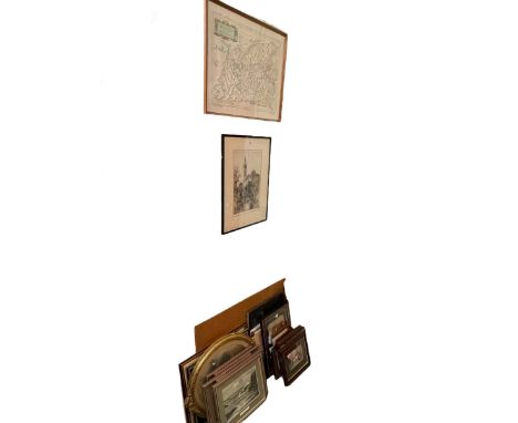 Large collection of pictures including map prints, Glasgow University etching, oval framed child portrait, etc.