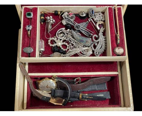 Jewellery box and contents including 9 carat gold opal bar brooch and emerald ring and watches.