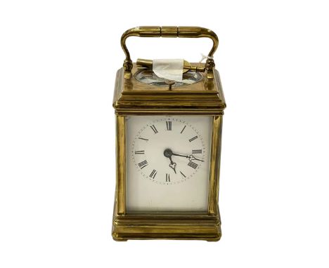 Gilt brass repeater carriage clock, 16cm including handle.