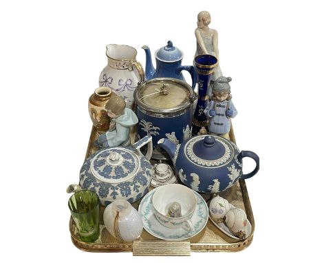 Tray lot with Copeland T Goode jug, Wedgwood Jasper teapot and biscuit jar, Nao figures, etc.
