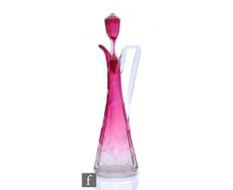 A large Moser Art Nouveau spirit decanter designed by Leo Moser circa 1900-10, the slender slice cut conical form body rising