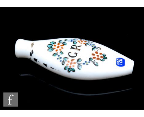 A cased opaque glass scent bottle circa 1765, enamel decorated with a rose and floral spray, with the monogram GR framed with