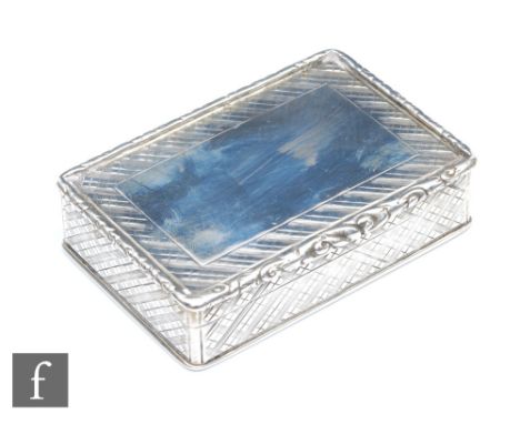 A Victorian hallmarked silver rectangular snuff box, vacant cartouche within a cross hatched and raised border, weight 116g, 