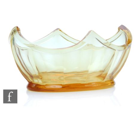 A large Moser Heliolit dichoric crystal glass table centre bowl designed by Heinrich Hussmann circa 1922-30, the footed boat 