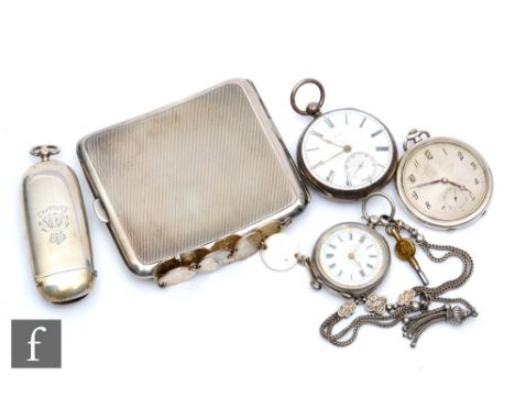 Two items of hallmarked silver, a vesta and sovereign case combination with a cigarette case, total weight 144g, with three s